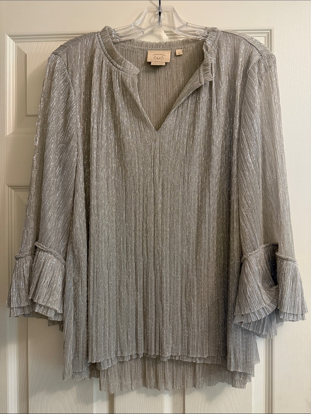 Silver Metallic Pleated Ruffle-Sleeve Blouse by Daniel Rainn